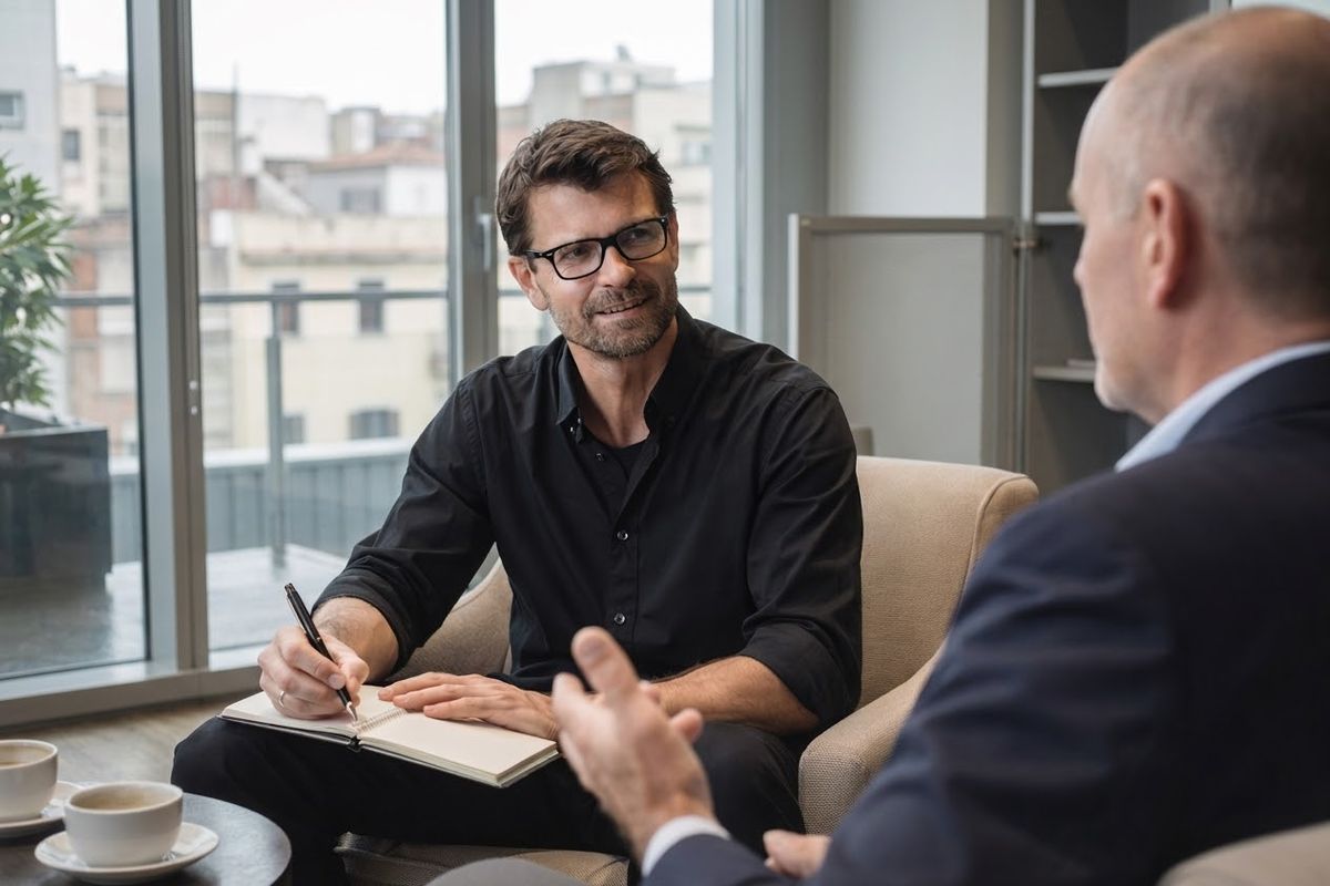 Dr. Sven Mulfinger listening and taking notes in a conversation with an executive